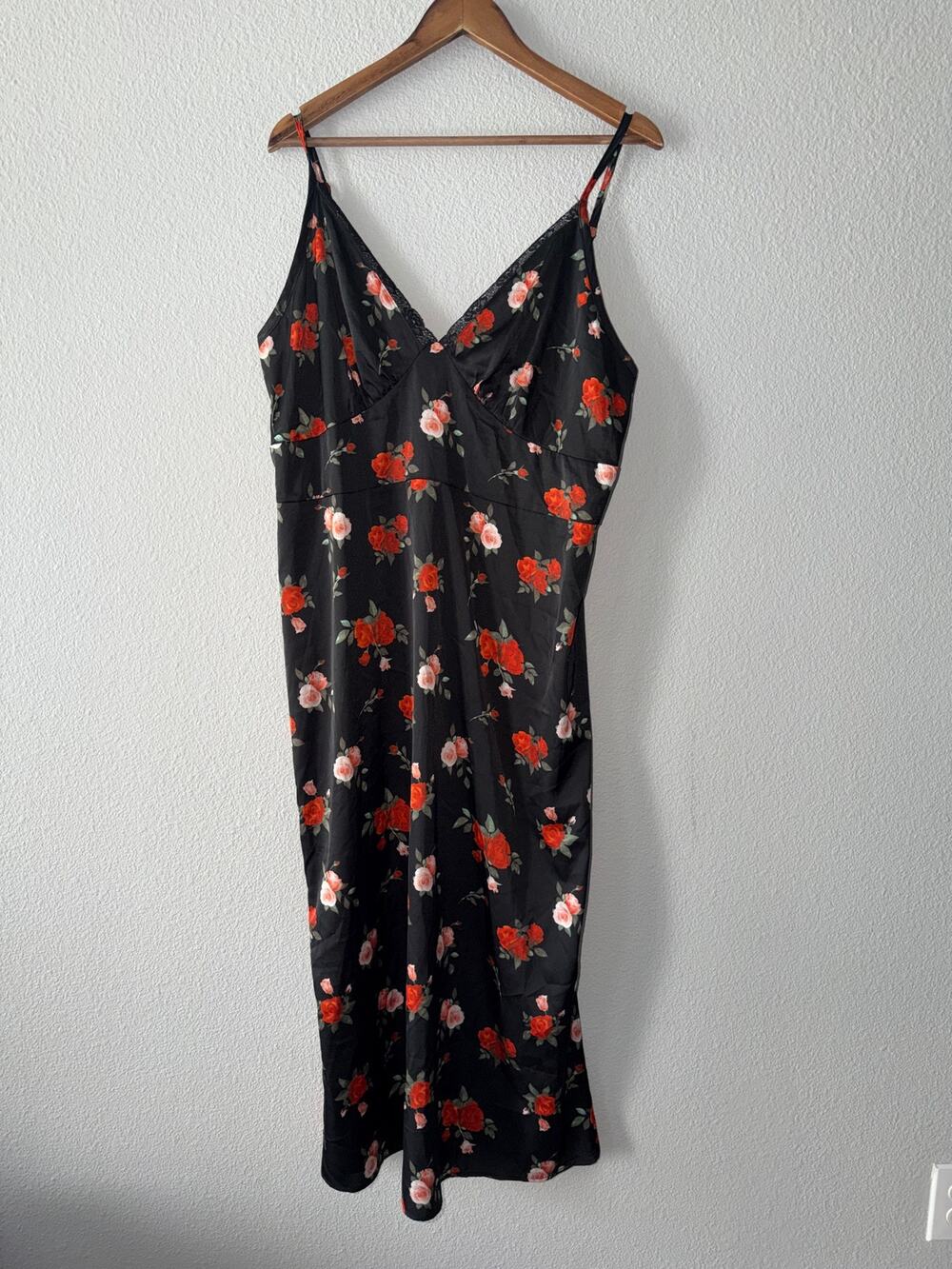 Black Floral Slip Midi Dress 1XL Lace Trim Adjustable Straps